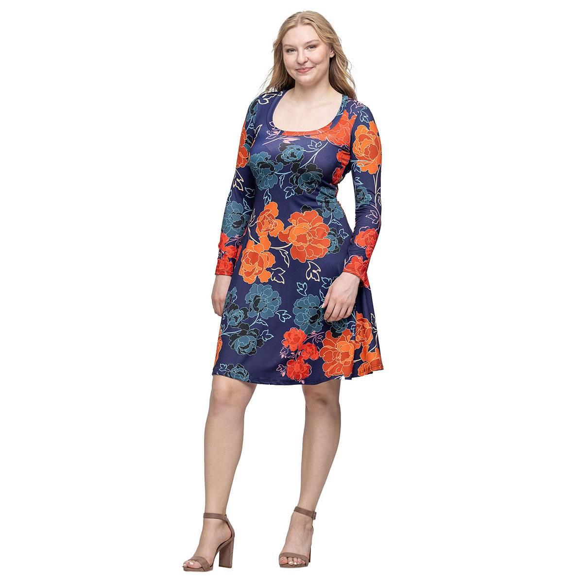 Women 24/7 Comfort Apparel Navy Floral Long Sleeve Dress