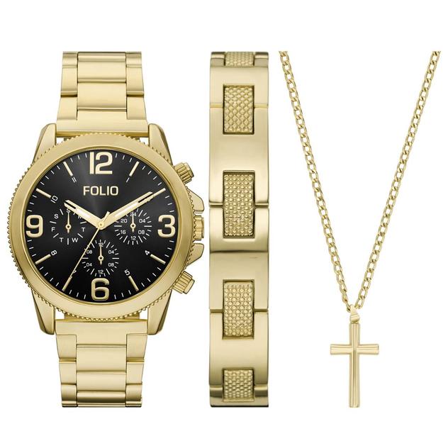 Mens Folio Black Dial Watch/Bracelet/Cross Necklace - FMDFL6084