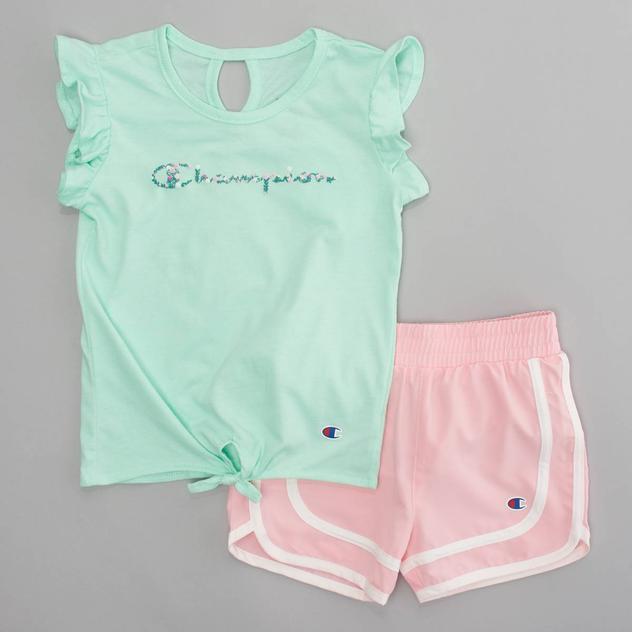 Girls (4-6x) Champion® Floral Logo Tie Front Tee & Shorts Set