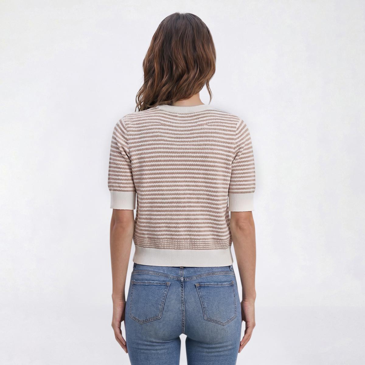 Womens Adrianna Papell Short Sleeve Button Front Stripe Cardigan