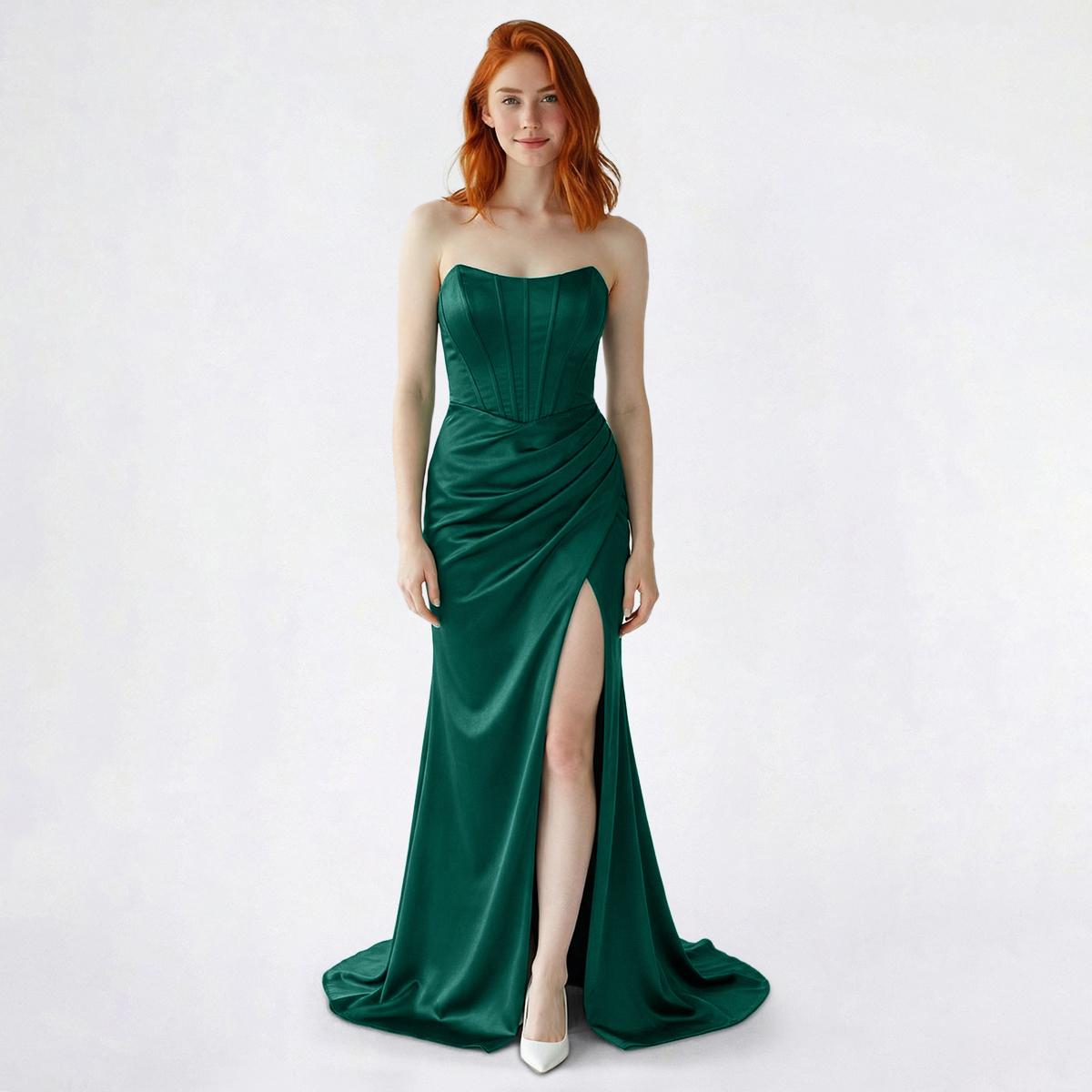 Juniors Emerald Sundae Strapless Satin Ruched Evening Gown