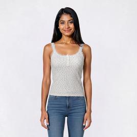 Juniors Pink Rose Print Thermal Lace Trim Henley Tank Top