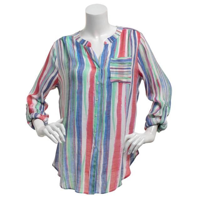 Womens Zac & Rachel Roll Tab Sleeve Button Front Blouse