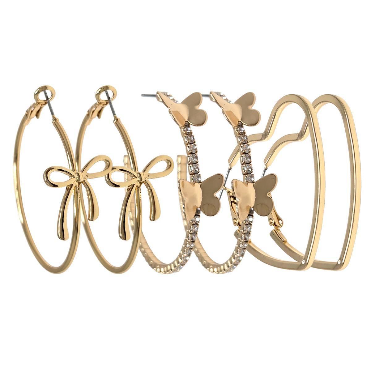 Ashley 3pr. Gold-Tone Bow/Butterfly/Heart Hoop Earrings