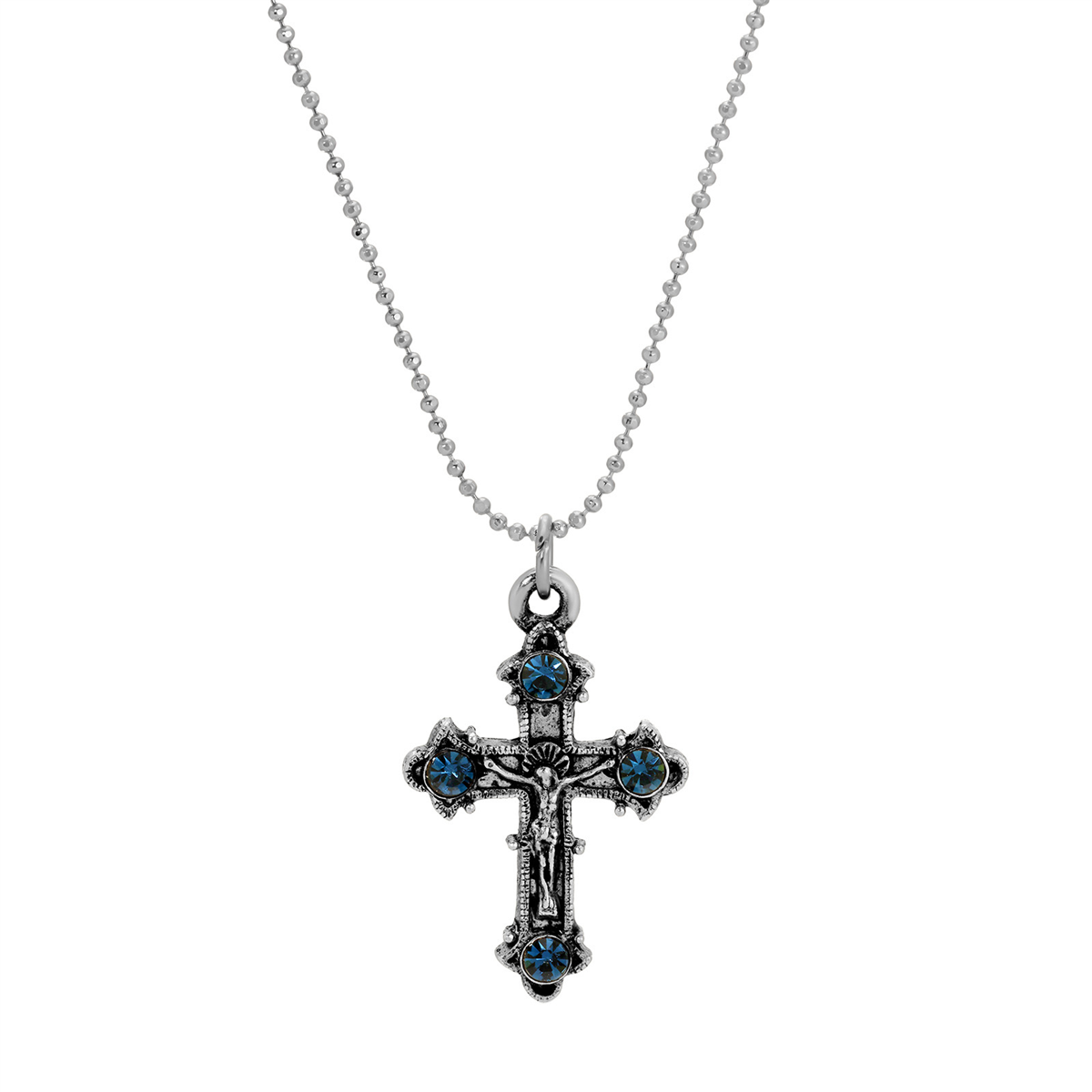Symbols of Faith Silver Tone Crucifix Blue Crystal Necklace