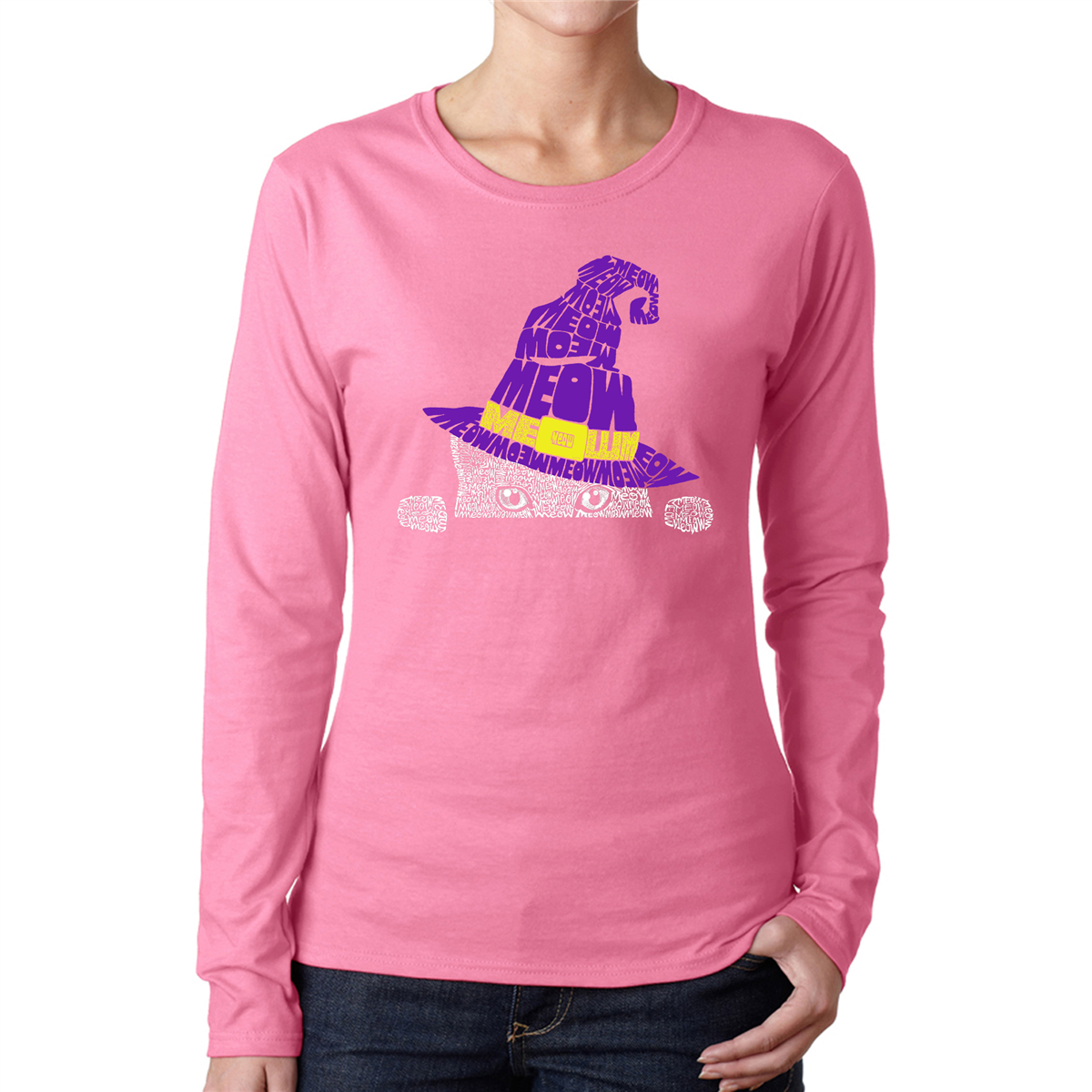 Womens LA Pop Art Peeking Witch Cat - Word Art Long Sleeve T-Shi