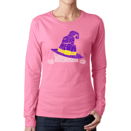 Womens LA Pop Art Peeking Witch Cat - Word Art Long Sleeve T-Shi