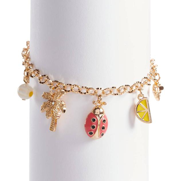 Ashley Gold-Tone Chain & Moon/Bee/Lemon/Palm Tree Charms Bracelet