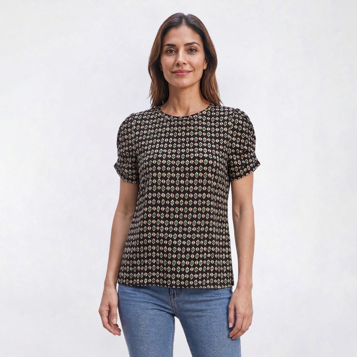 Petite AK Anne Klein Short Pleat Sleeve Geometric Blouse