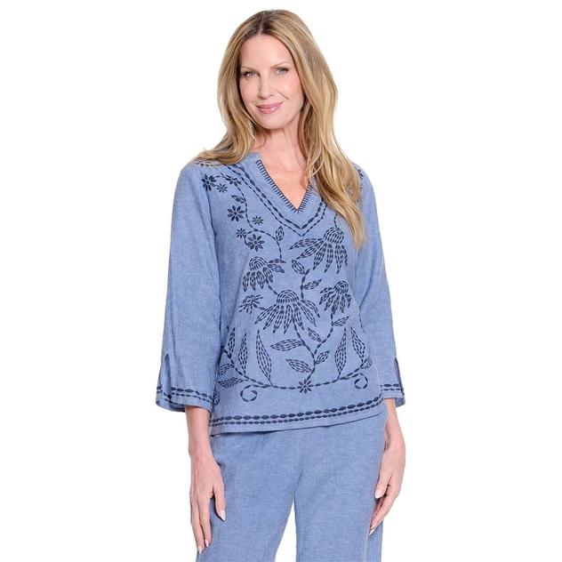 Womens Ali Miles 3/4 Sleeve Split Neck Floral Embroidery Blouse