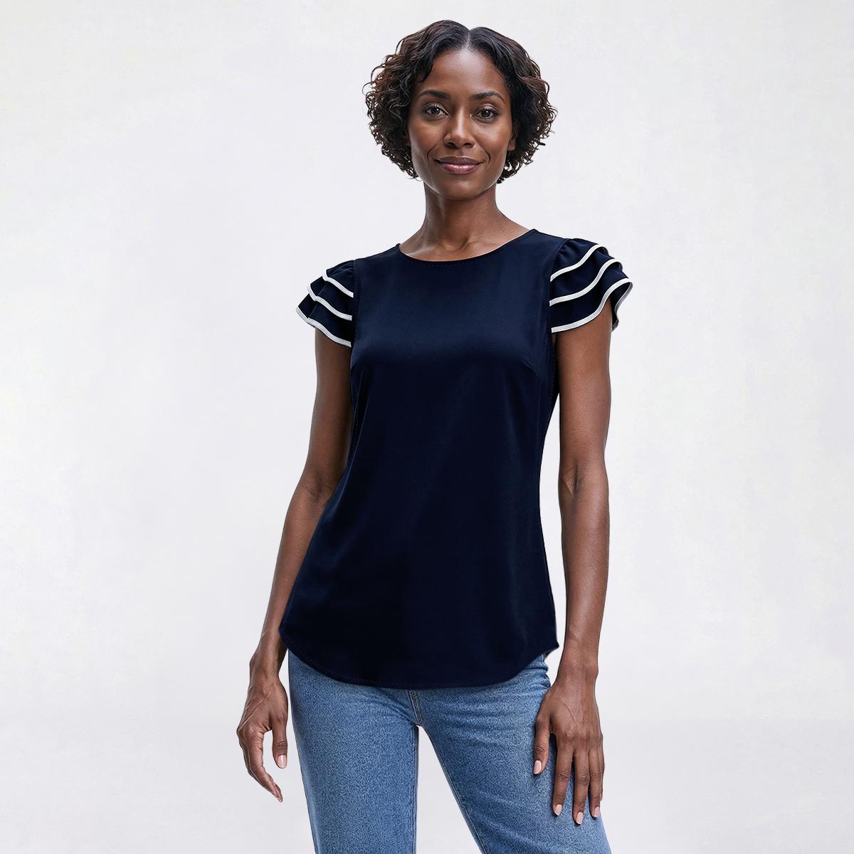 Womens Adrianna Papell Triple Ruffle Tipping Sleeve Blouse
