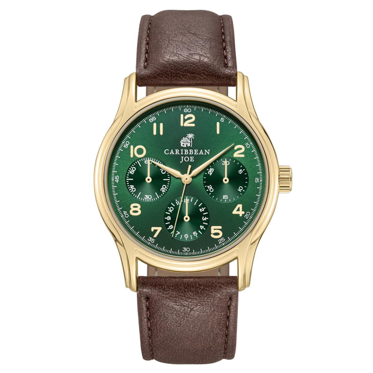 Mens Caribbean Joe Gold-Tone Green Dial Strap Watch - CJ7177GD