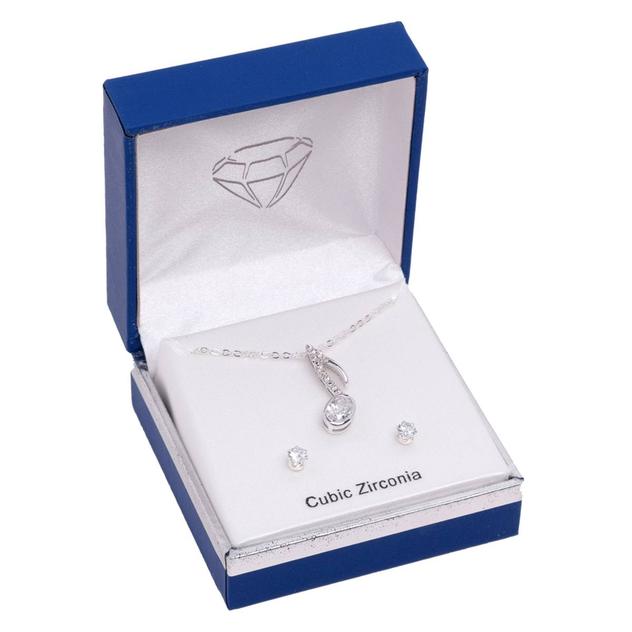 Silver-Tone CZ Music Note Pendant & Round Earrings Set