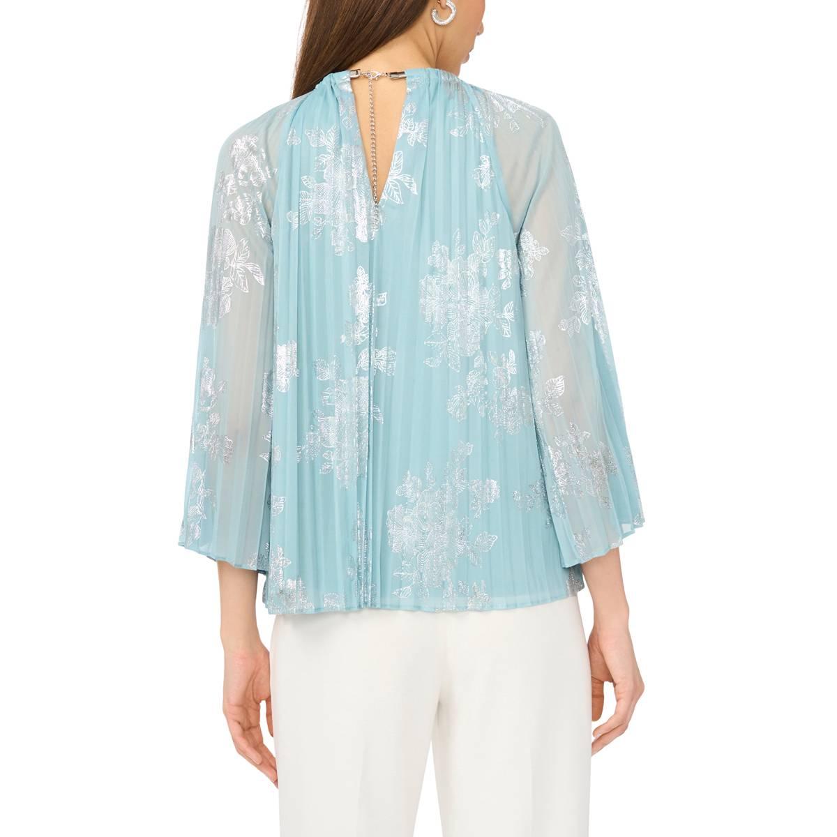 Womens MSK 3/4 Sleeve Floral Shimmer Keyhole Neck Blouse