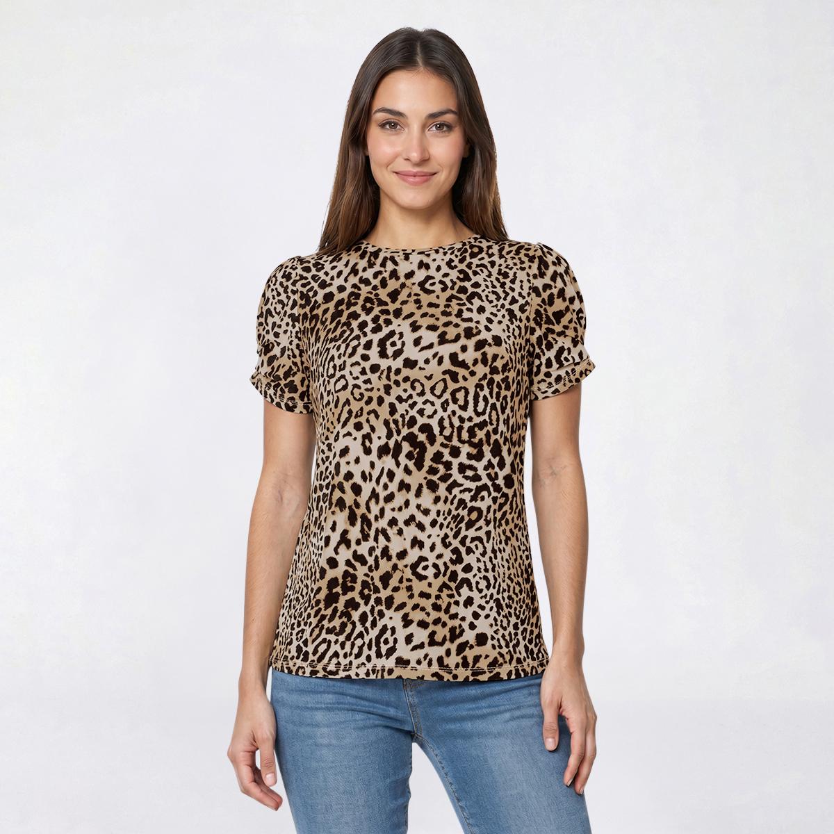 Womens AK Anne Klein Short Pleat Sleeve Crew Neck Leopard Blouse
