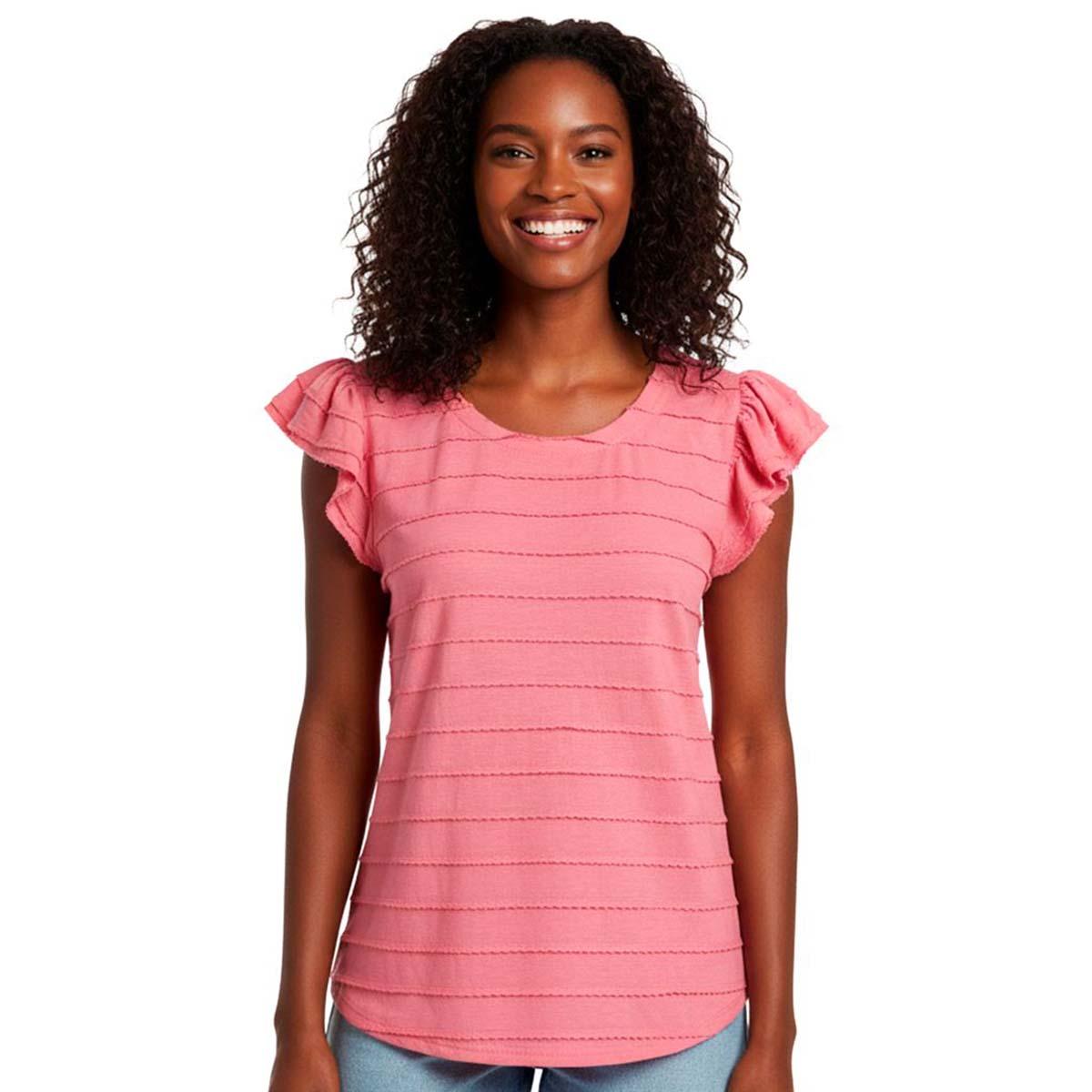 Women French Laundry Cap Flutter Sleeve Scallop Trim Blouse