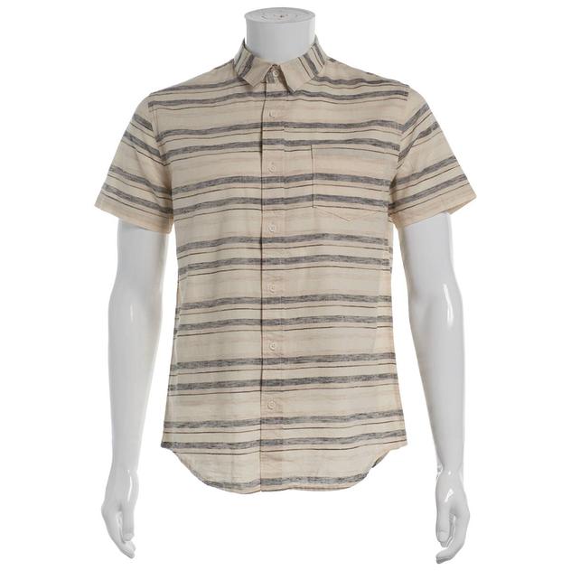 Mens Visitor Textured Cotton Woven Button Down Shirt-White/Brown
