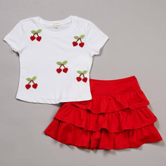 Girls (7-16) No Comment Cherry Tee & Tiered Skort Set