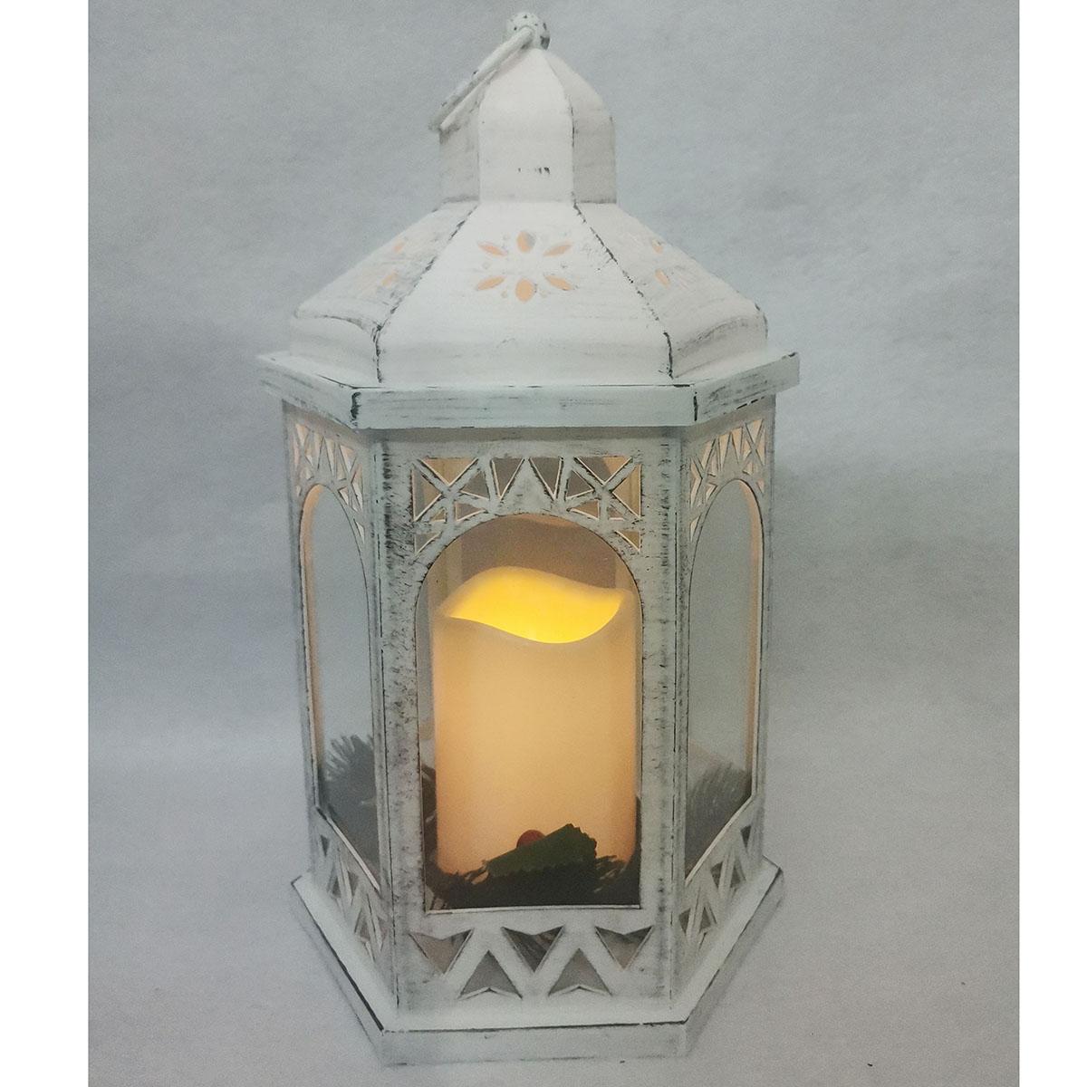 13in. White Hex Arch Christmas Lantern with LED candle