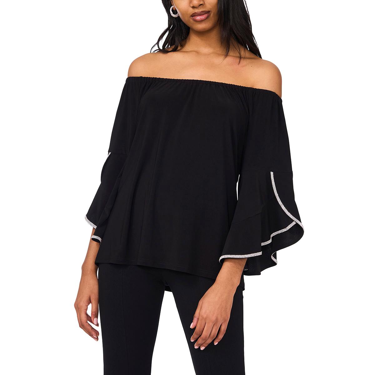 Womens MSK Off The Shoulder Rhinestone Trim Bell Sleeve Blouse