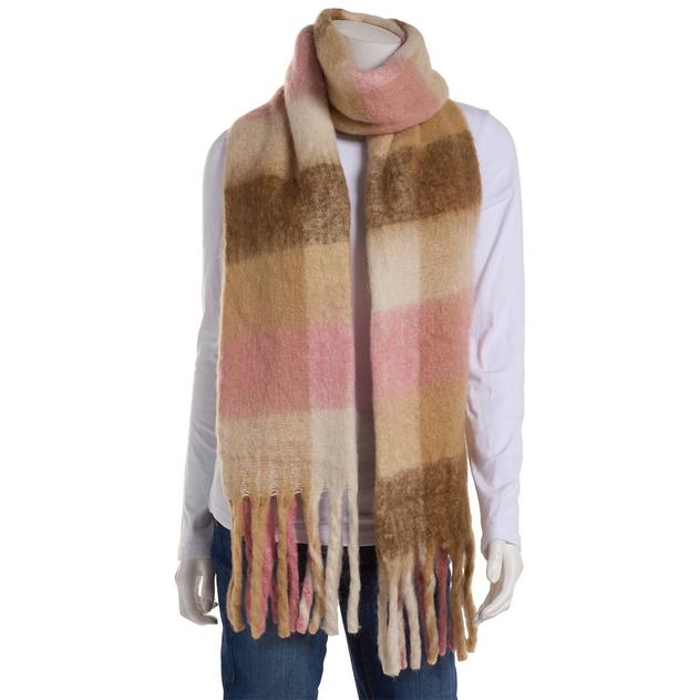 Womens Renshun Plaid Blanket Scarf w/Noodle Fringes -Pink/Brown