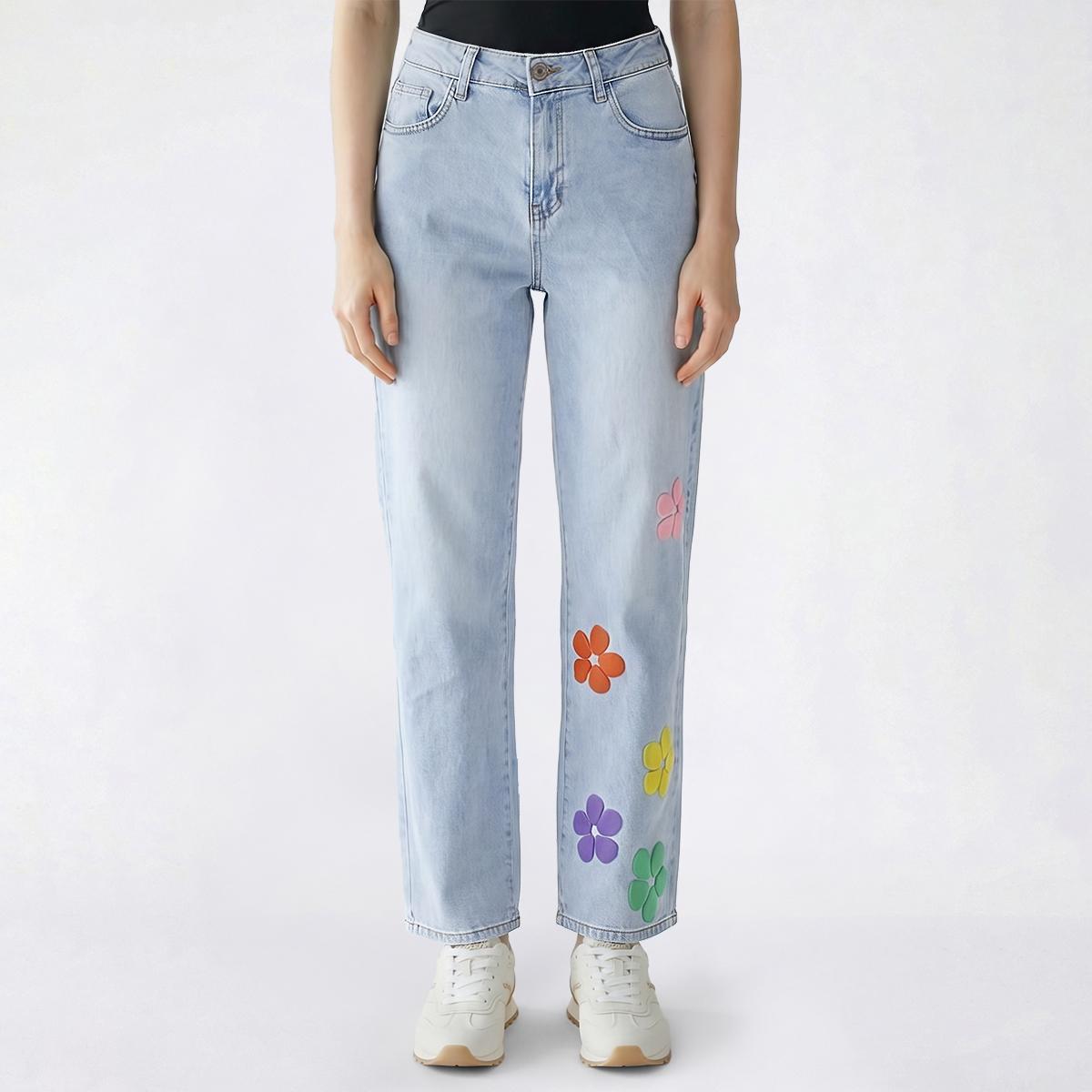 Juniors Gogo Jeans High Rise Straight Puff Paint Flowers Jeans