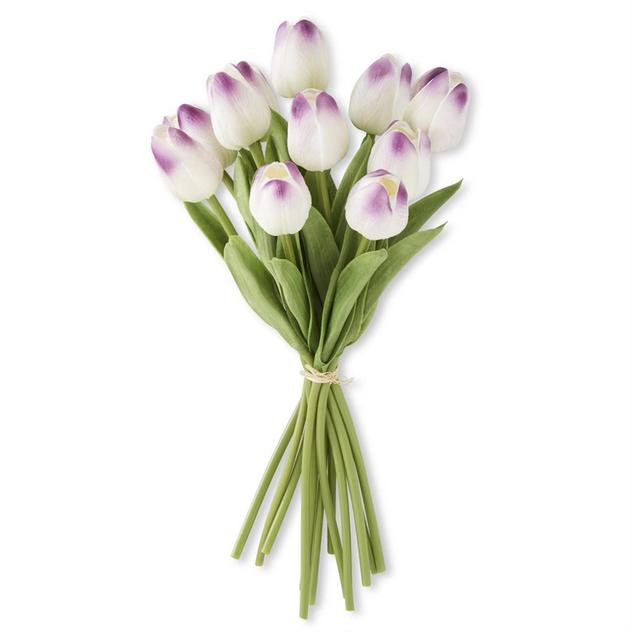 K&K Interiors 13.5in. Purple & White Real Touch Mini Tulip