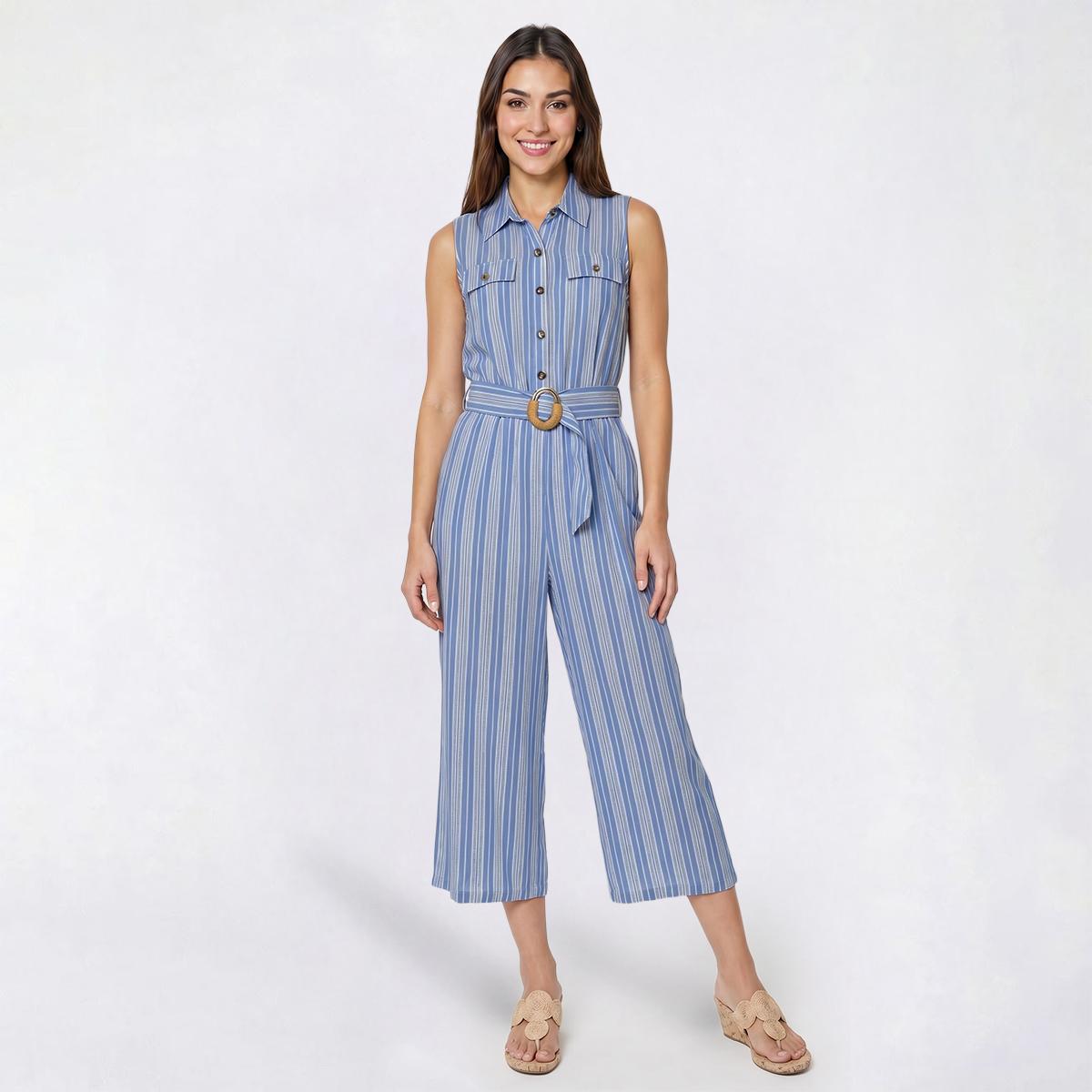 Womens Luxology Sleeveless Challis Stripe Belted Crop Jumpsuit