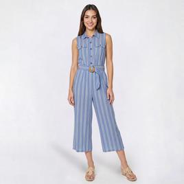 Womens Luxology Sleeveless Challis Stripe Belted Crop Jumpsuit