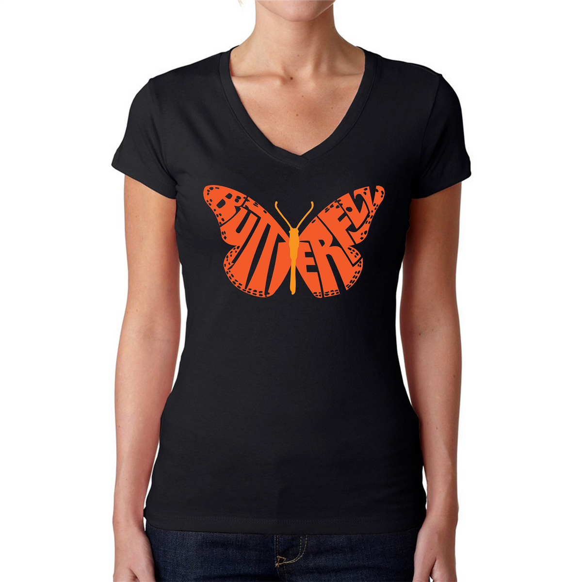 Womens LA Pop Art Butterfly Word Art V-Neck T-Shirt