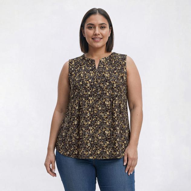 Plus Size Napa Valley Sleeveless Ditsy Floral Pleat Henley Blouse