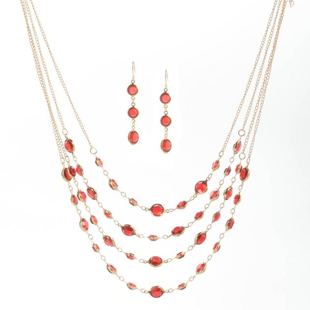 Ashley Cooper™ 4-Row Ruby Faceted Layered Necklace & Earring Set