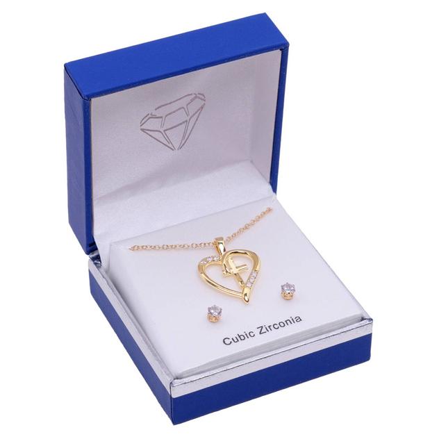 Gold-Tone Heart Cross CZ Pendant Necklace & CZ Earrings Set