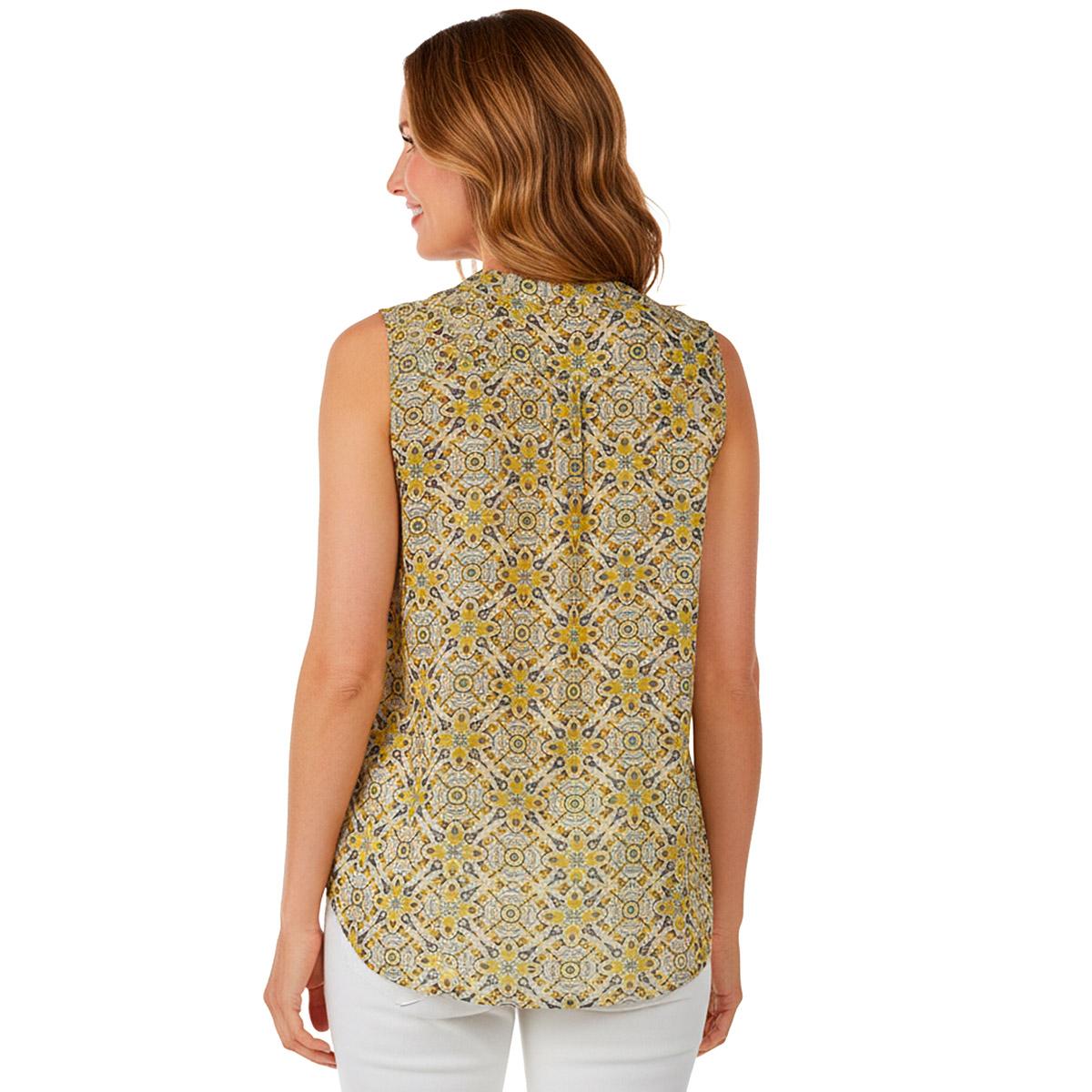 Womens Notations Sleeveless Abstract Pleat Split Neck Blouse