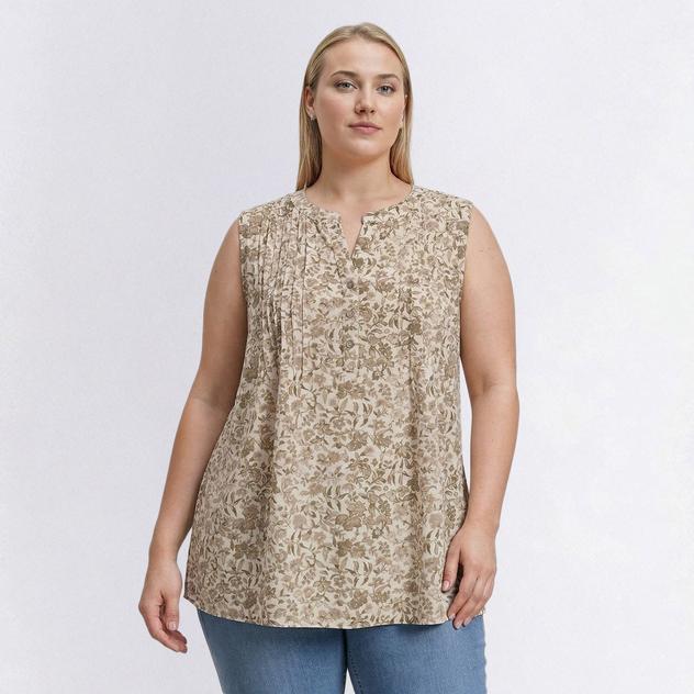 Plus Size Napa Valley Sleeveless Dove Floral Pleat Henley Blouse