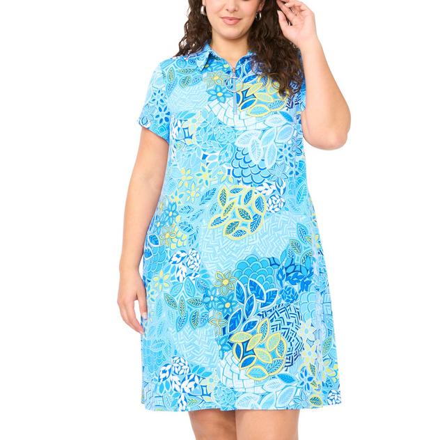Plus Size MSK Short Sleeve Abstract Floral 1/4 Zip Shift Dress