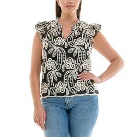 Petite Zac & Rachel Cap Flutter Sleeve Abstract Floral Blouse