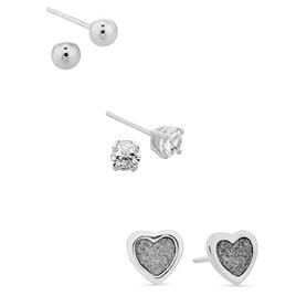 Forever New Sterling Silver Heart, CZ, & Ball Stud Earrings Set