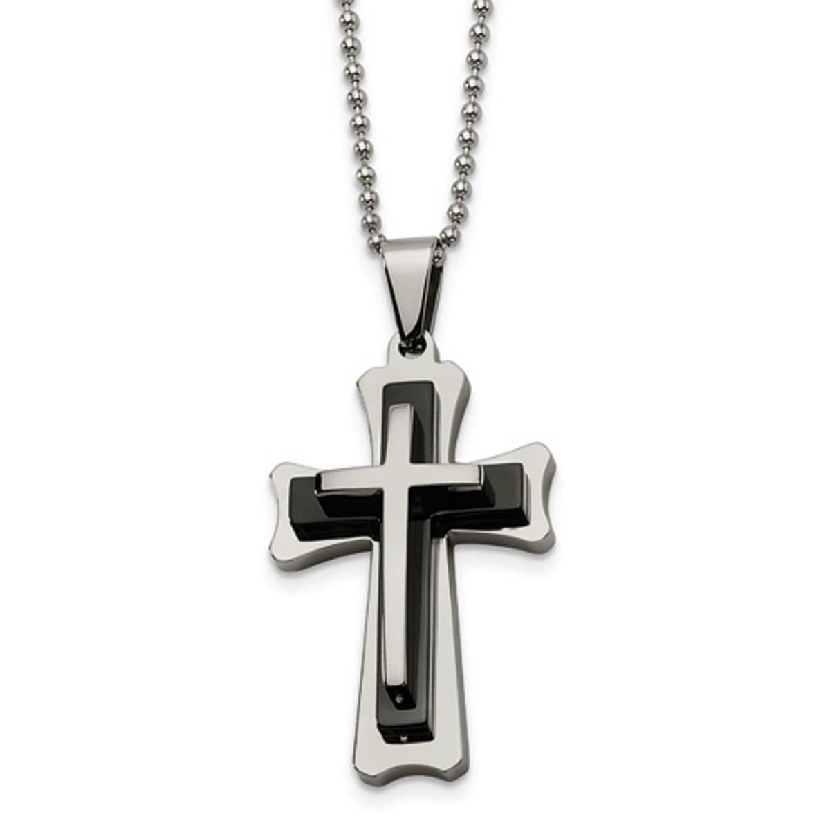 Mens Gentlemen's Classics(tm) Steel & Black Acrylic Cross Necklace