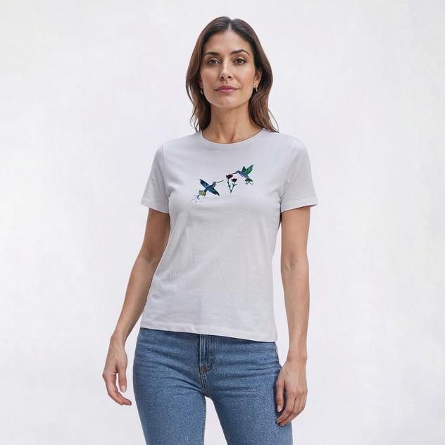 Petite Madison Taylor Short Sleeve Embroidered Hummingbirds Tee