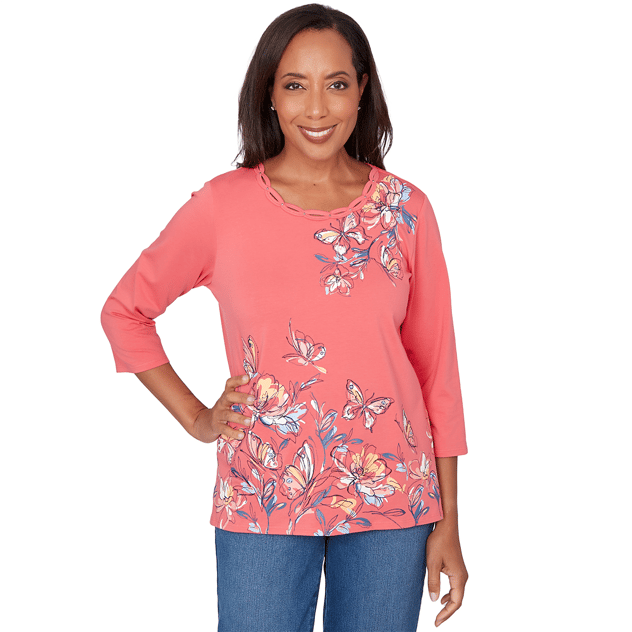 Petite Alfred Dunner Austin 3/4 Sleeve Etched Floral Blouse