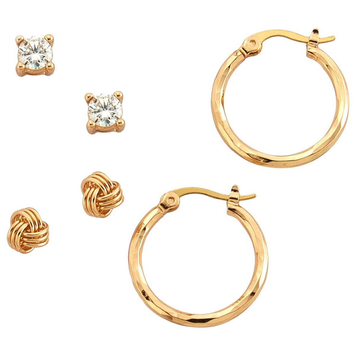 Design Collection Gold Plated CZ Hoop & Knot Trio Earrings