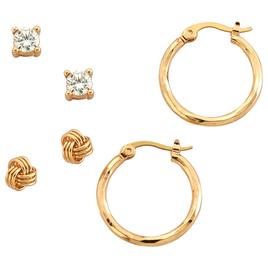 Design Collection Gold Plated CZ Hoop & Knot Trio Earrings