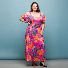 Plus Size 24/7 Comfort Apparel Paisley Cold Shoulder Maxi Dress