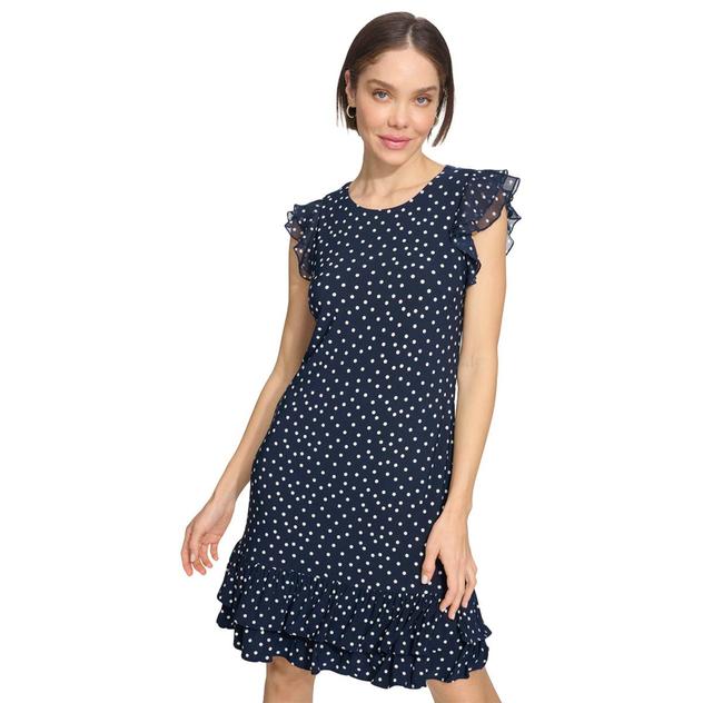 Womens Tommy Hilfiger Ruffle Trim Mixed Media Dot A-Line Dress