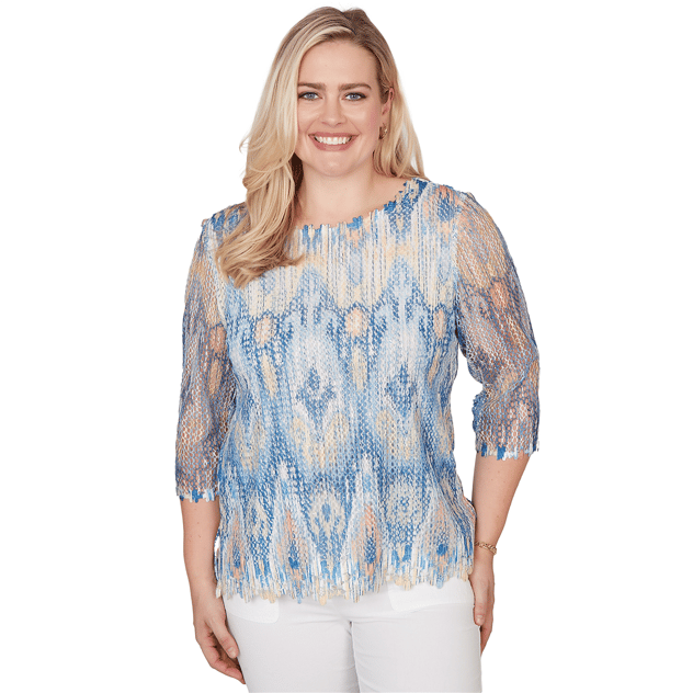 Petite Alfred Dunner Out Of The Blue Scallop Trim Ikat Blouse