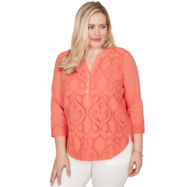 Petite Alfred Dunner Resort Living Lace Scroll Henley Blouse