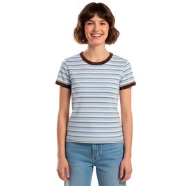 Juniors Pink Rose Striped Ringer Tee - Blue