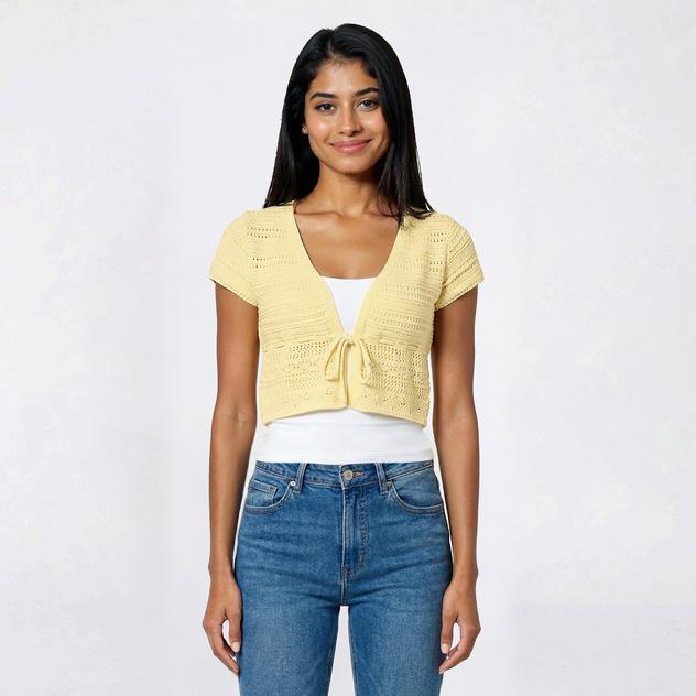 Juniors Pink Rose Short Sleeve Pointelle Tie Front Cardigan