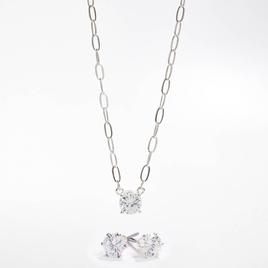 Silver-Tone CZ Paperclip Link Necklace & Earring Set